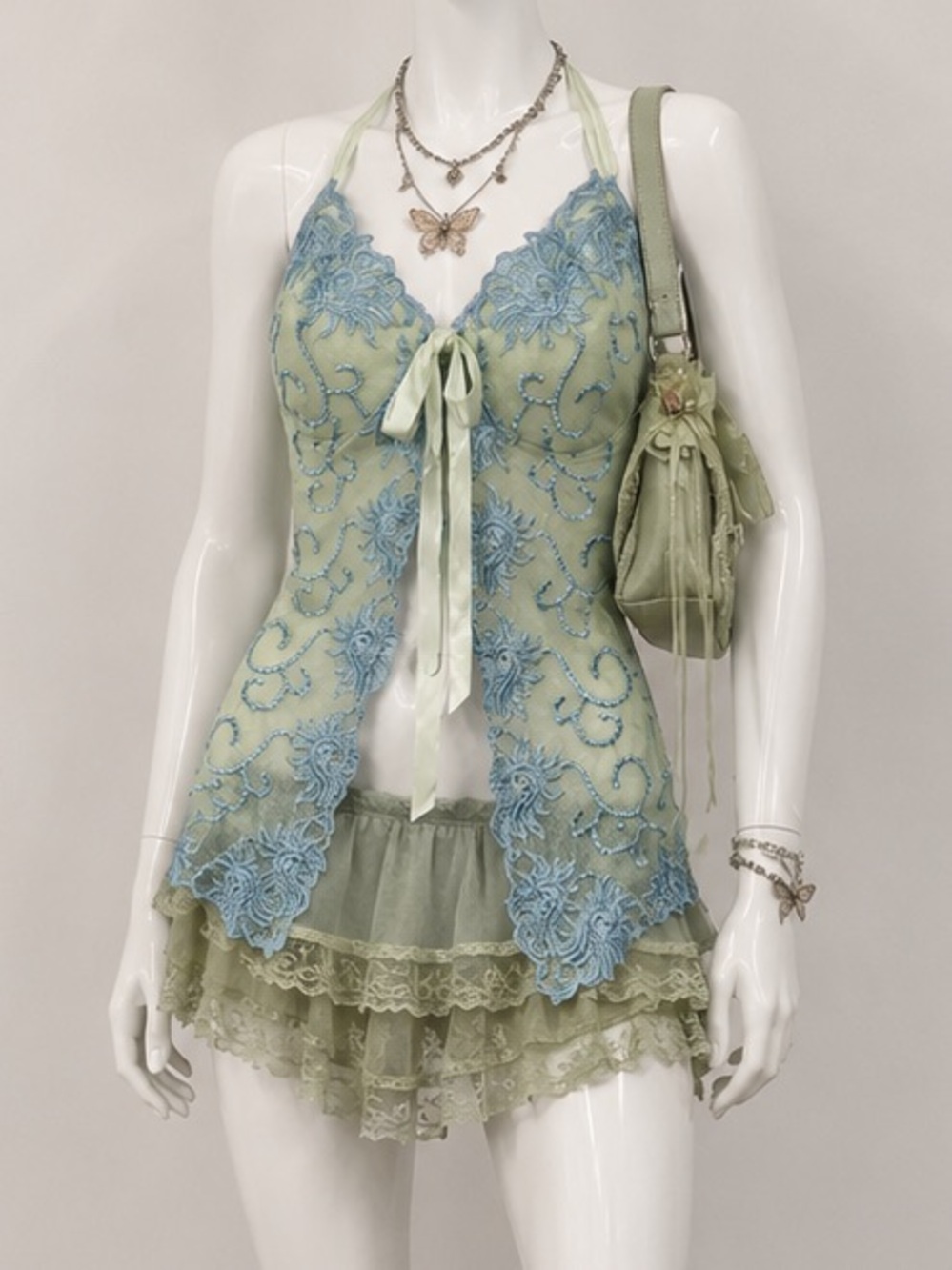 1990s Aqua Green & Blue Lace Embroidered Babydoll Lingerie Top